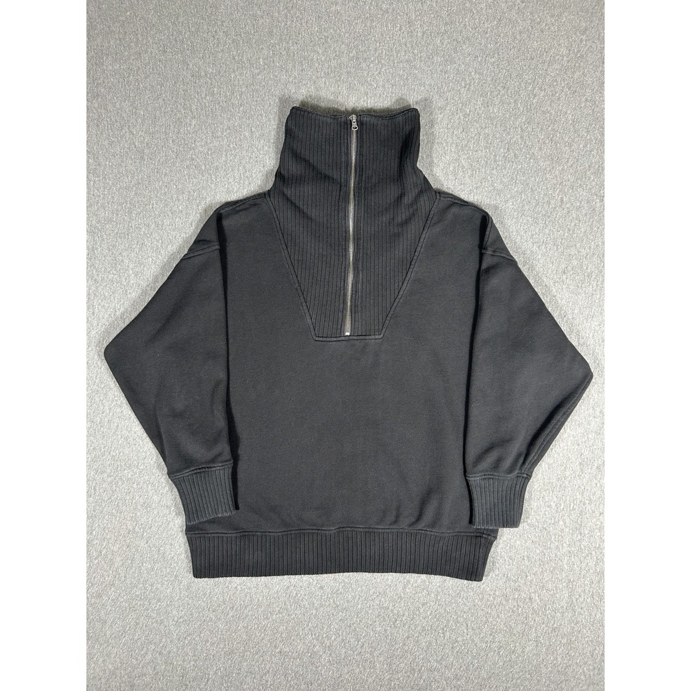 Aerie Half Zip Mock Neck Ribbed Sweatshirt Womens Black Oversized Pullover M